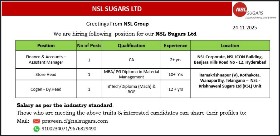 NSL Sugars Jobs 2025 | Finance, Store, Cogen | Apply Direct
