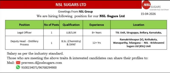 NSL Sugars Ltd Hiring 2026 | Legal & Distillery Vacancies