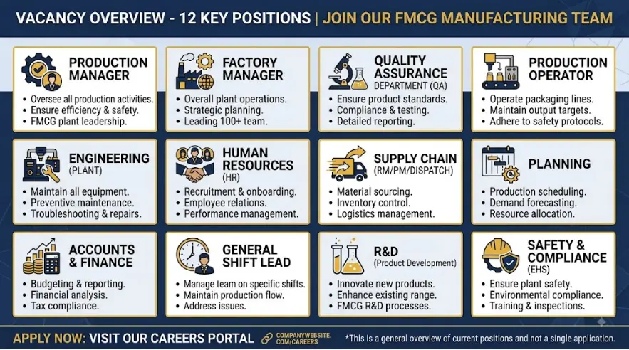 Hindustan Foods job vacancies across multiple departments