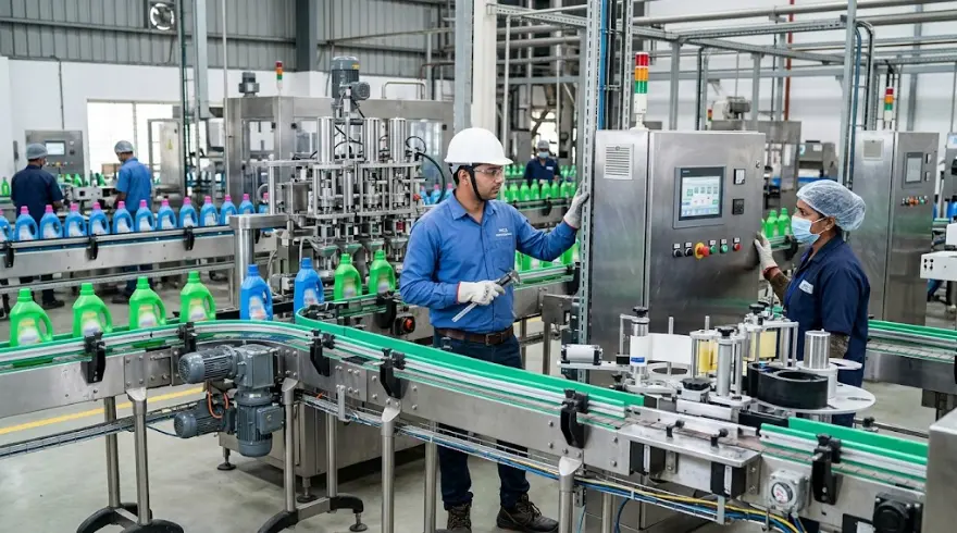 Engineering executive inspecting FMCG plant equipment
