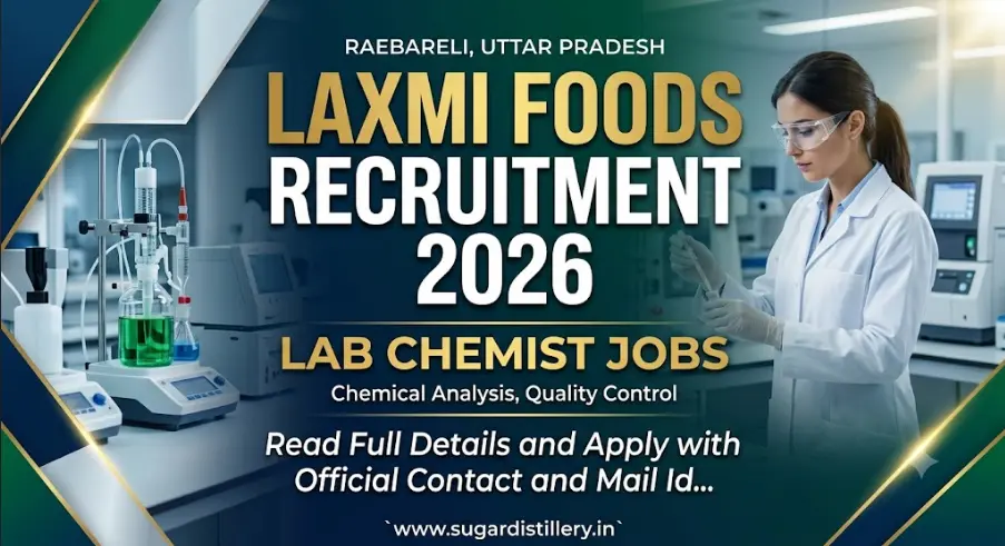 Image focusing on Lab Chemist Recruitment at Laxmi Foods in Raebareli, Uttar Pradesh for 2026, highlighting chemical analysis duties.