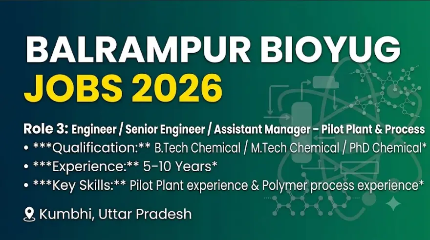 Job vacancy banner for Engineer/Senior Engineer/Assistant Manager – Pilot Plant & Process at Balrampur Bioyug 2026. Candidates need B.Tech/M.Tech/PhD Chemical with 5-10 years Pilot Plant & Polymer process experience in Kumbhi.