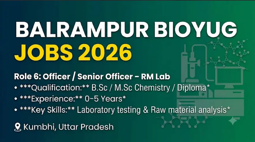Job opportunity for Officer/Senior Officer – RM Lab at Balrampur Bioyug 2026. Qualifications: B.Sc/M.Sc Chemistry or Diploma. Experience: 0-5 Years. Skills: Laboratory testing & Raw material analysis. Location Kumbhi.
