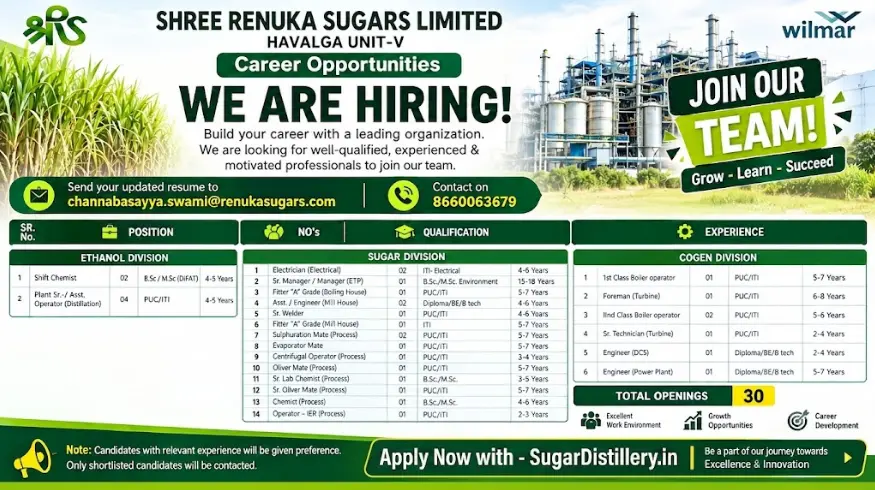 Renuka Sugars Jobs 2026: Exciting 30 Vacancies in Sugar, Ethanol & Cogen