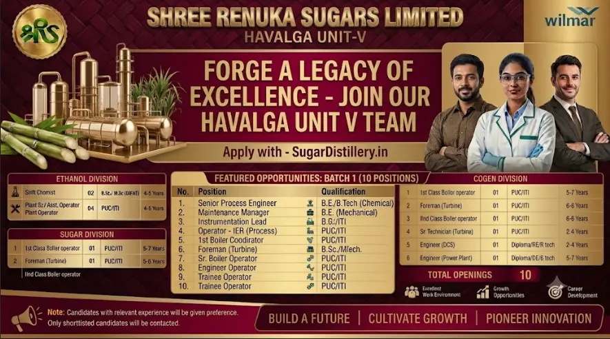 Renuka Sugars Jobs 2026 recruitment for Sugar, Ethanol and Power Plant jobs