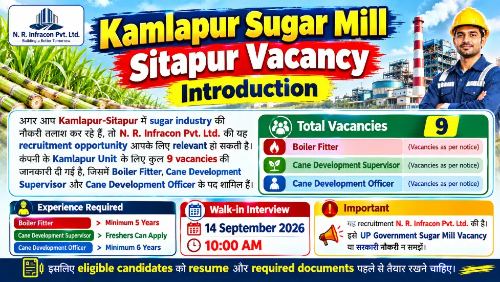 Kamlapur Sugar Mill Sitapur Vacancy: Boiler, Cane & Maintenance