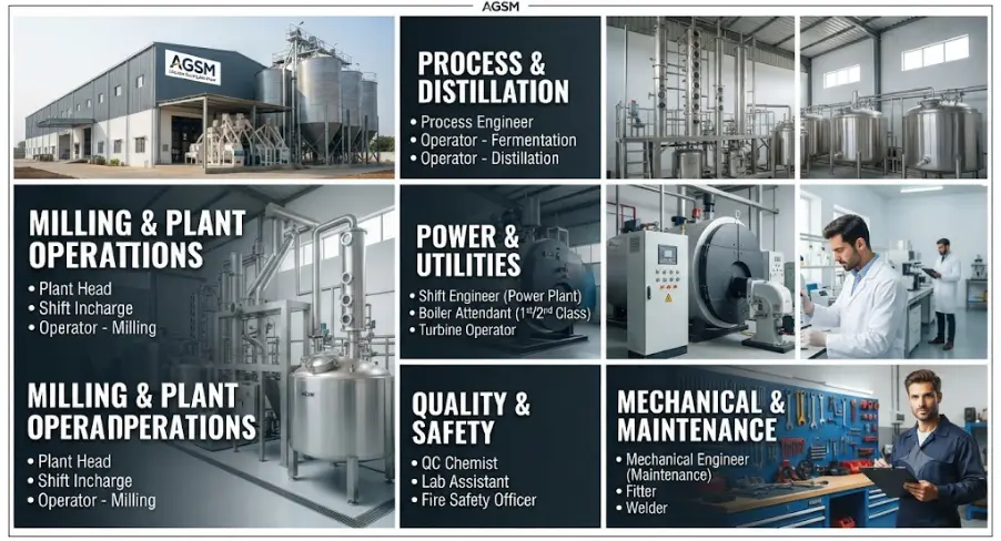 A comprehensive recruitment infographic for AGSM showcasing job openings across various plant departments. It lists specific roles for Process & Distillation, Milling & Plant Operations, Power & Utilities, Quality & Safety, and Mechanical & Maintenance, accompanied by professional photos of the plant exterior, distillation tanks, boiler equipment, and personnel working in labs and workshops.