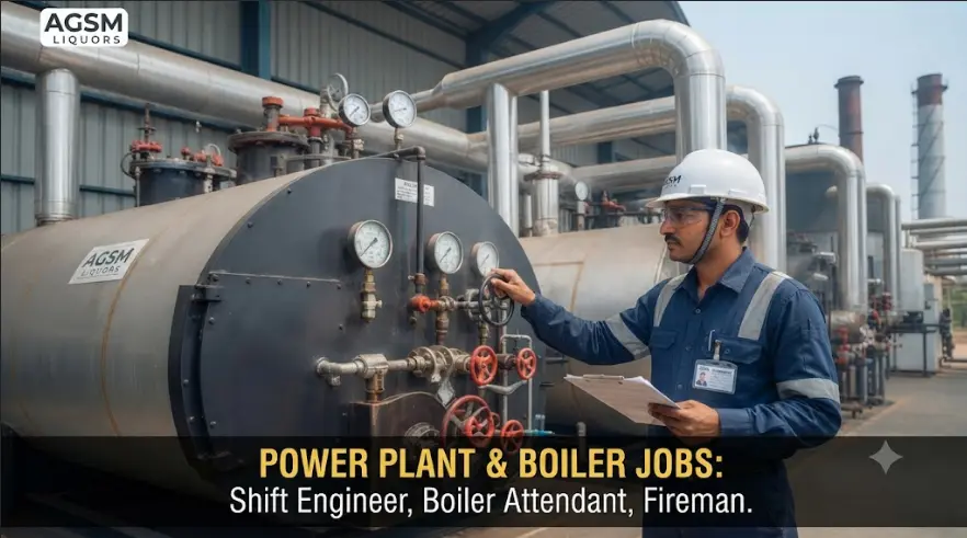 A qualified Boiler Attendant, wearing a white hard hat and safety gear, is adjusting a large valve on a massive industrial boiler unit in the AGSM Liquors power plant.