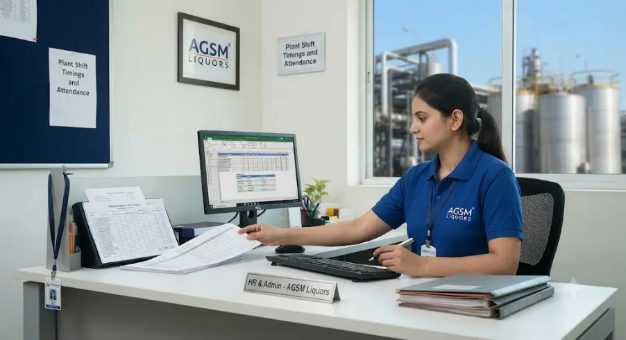 Professional representation of plant administration and workforce management, highlighting the HR & Admin department and Time Keeper vacancy at AGSM Liquors.