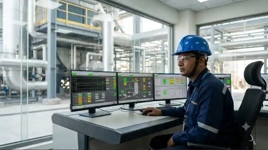 DCM Shriram Boiler Operator monitoring AFBC boiler through DCS