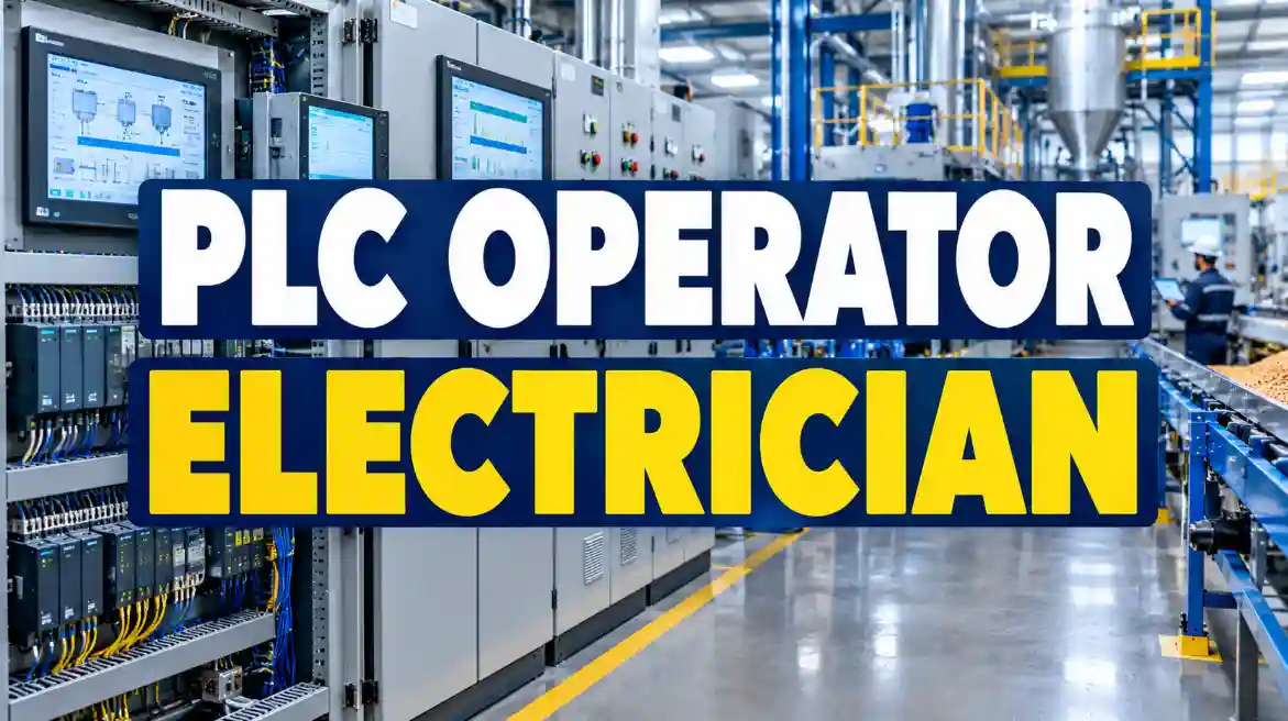 PLC Operator and Electrician working with industrial automation control panels at a manufacturing plant