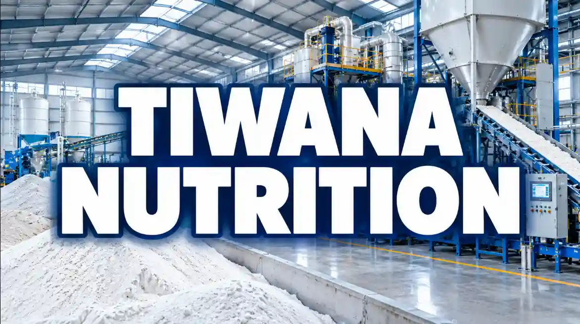 Tiwana Nutrition animal feed manufacturing shed with industrial processing machinery and white nutrition ingredients