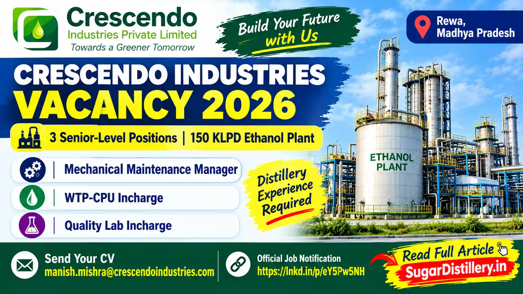 Crescendo Industries Vacancy 2026 for Mechanical Maintenance Manager, WTP-CPU Incharge and Quality Lab Incharge at Rewa ethanol plant.